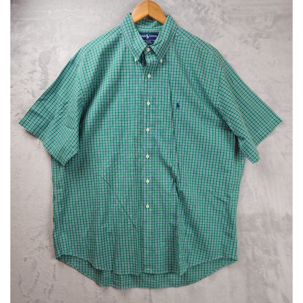 Vintage Polo Ralph Lauren Shirt Mens XL Green Blue Gingham Plaid Short Sleeve